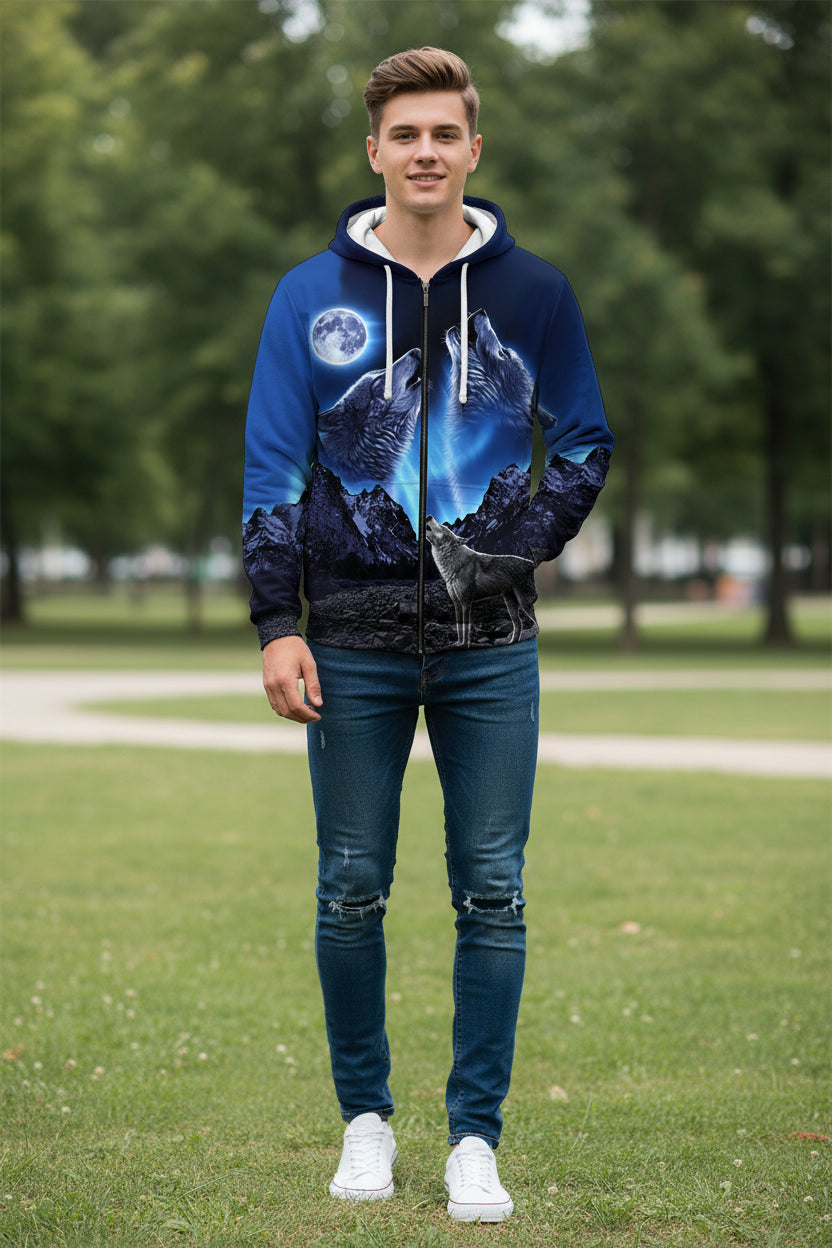 Hoodie with wolf and moon design on a white background