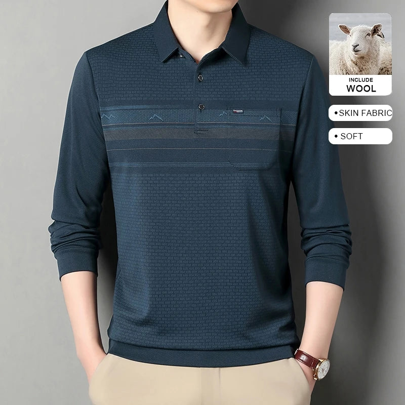 Luxury Wool Blend Fabric Men's Long Sleeve Polo  Classic