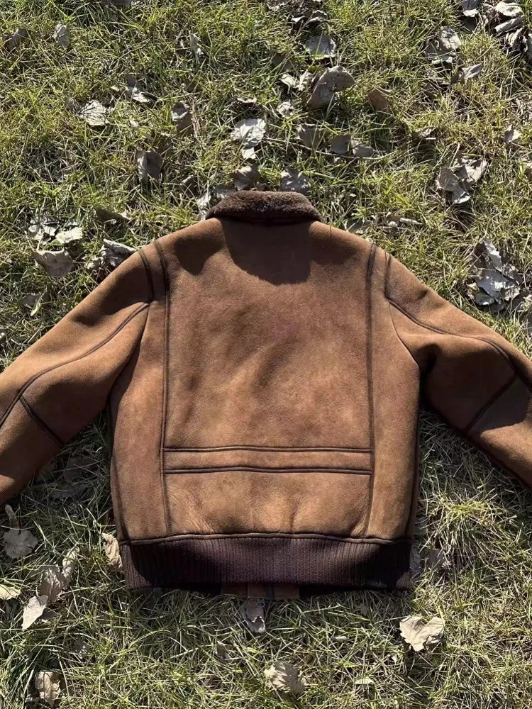 Luxury Genuine Leather Suede Men Jacket Wool Lining Coat Retro Winter Warm Sheepskin Jackets Turndown Collar Real Fur Outerwear
