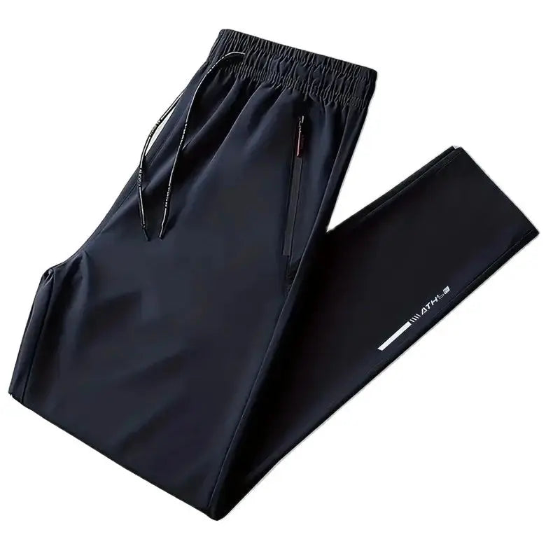 Black pants with a brand logo on a white background