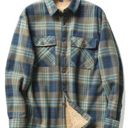 A men's long-sleeve plaid button-up shirt jacket with a soft beige sherpa lining, displayed on a wooden hanger against a white background.