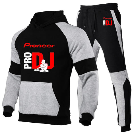 A two-piece athletic tracksuit set featuring a black and heather gray pullover hoodie with a red and white 'Pioneer PRO DJ' 