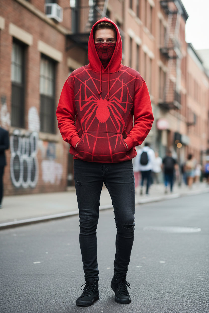 Red hoodie with spider web design on a gray background