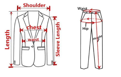 Diagram showing measurements for a suit jacket and pants on a white background