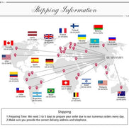 World map with flags and shipping time information for various countries.