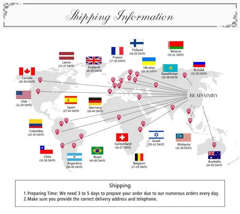 World map with flags and shipping time information for various countries.