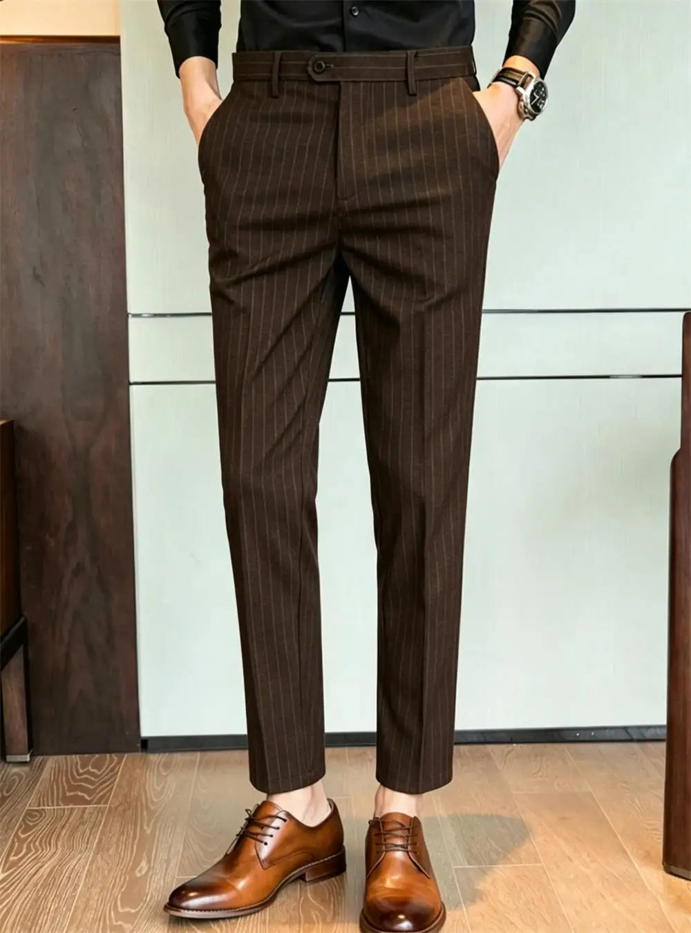 Pinstripe Pattern Suit Pants for Man Formal Dress Slim Fit Pants Elastic Waist Summer Thin Casual Trousers Male Business Wedding