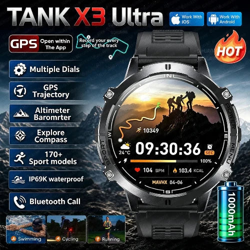 A rugged black and silver smartwatch labeled TANK X3 Ultra, shown prominently on a mountain backdrop with feature callouts around it including GPS, 