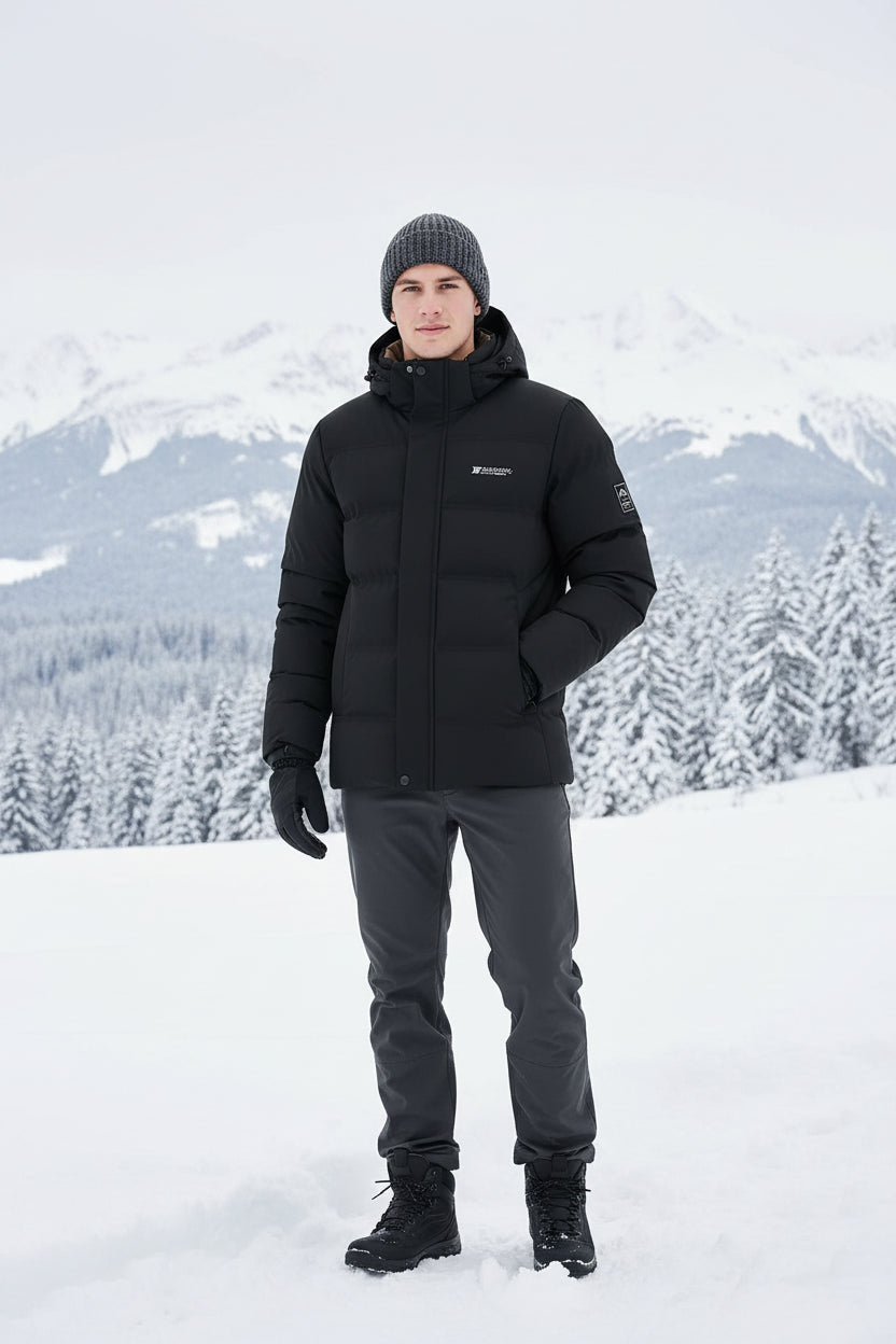 Black and brown insulated jacket with visible brand logo on a white background