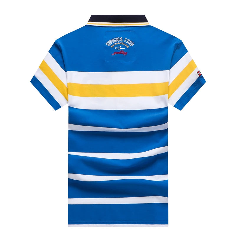 A short-sleeve polo shirt shown from the back, featuring horizontal stripes in blue, white, and yellow. The collar is dark navy with thin yellow and white stripes.
