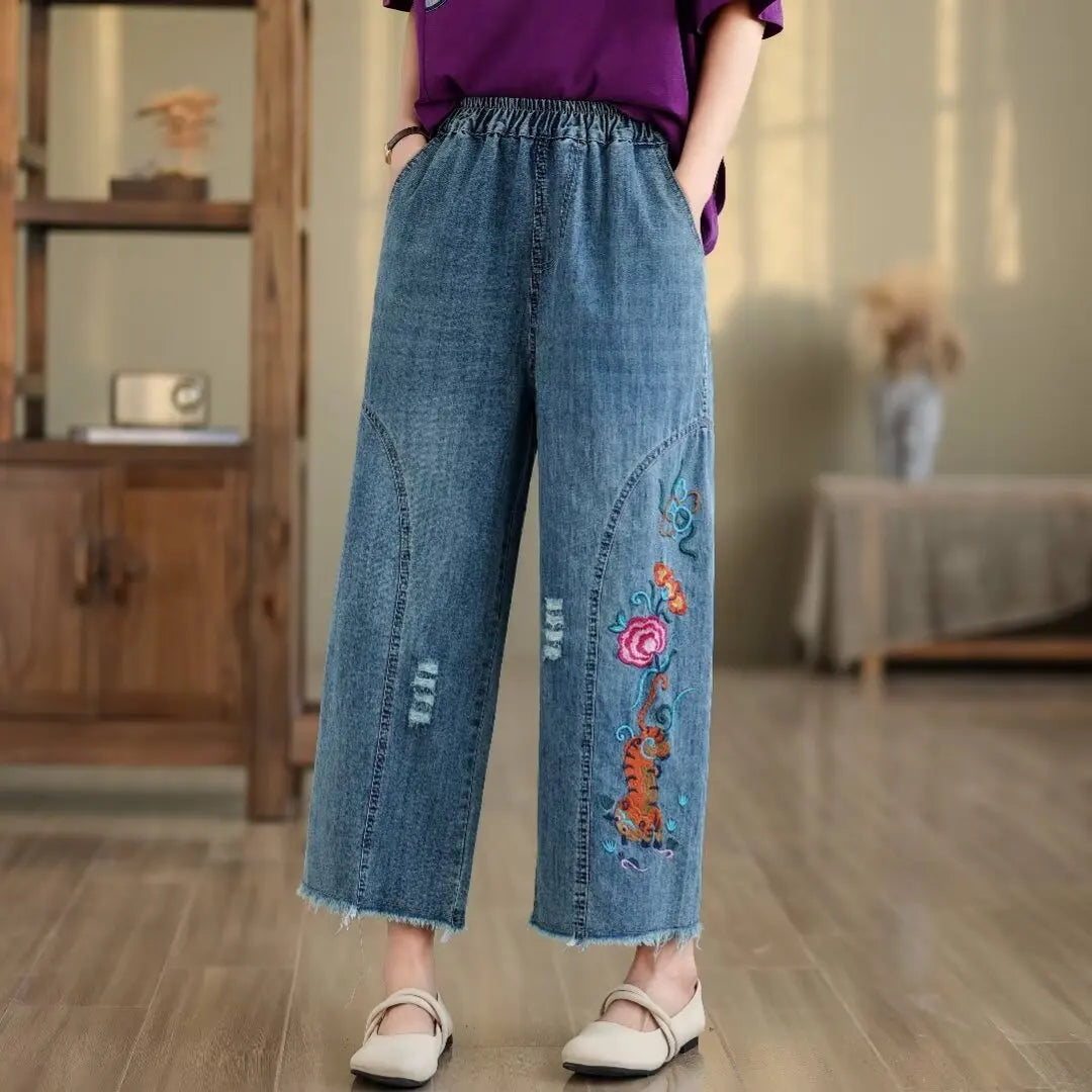 Spring Summer Ethnic Style Vintage Floral Embroidery Denim Wide Leg Pants Women High Elastic Waist Hole Casual Straight Jeans