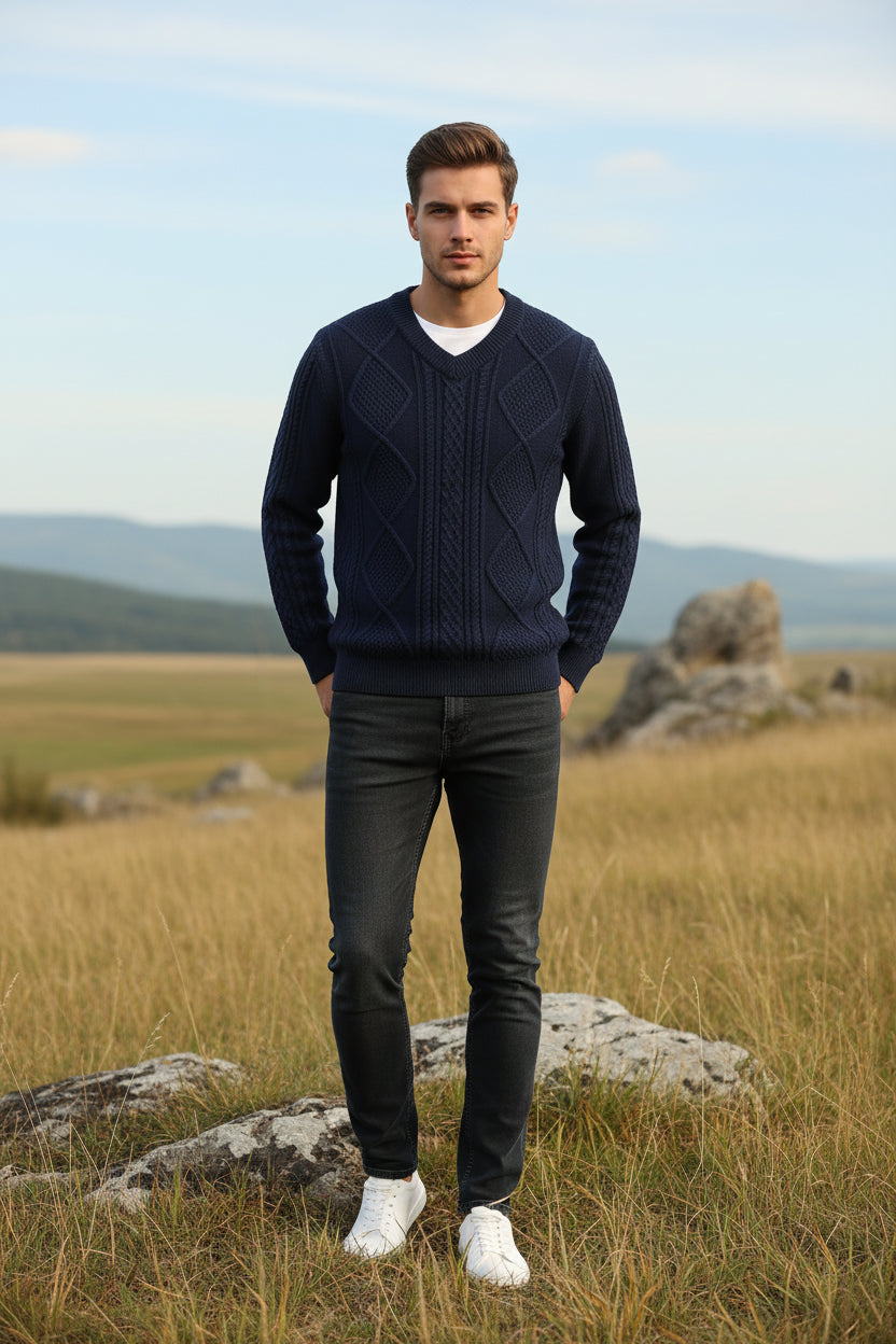 Blue textured sweater in a box with a watch on a gray surface, featuring the brand 'Lidou'.