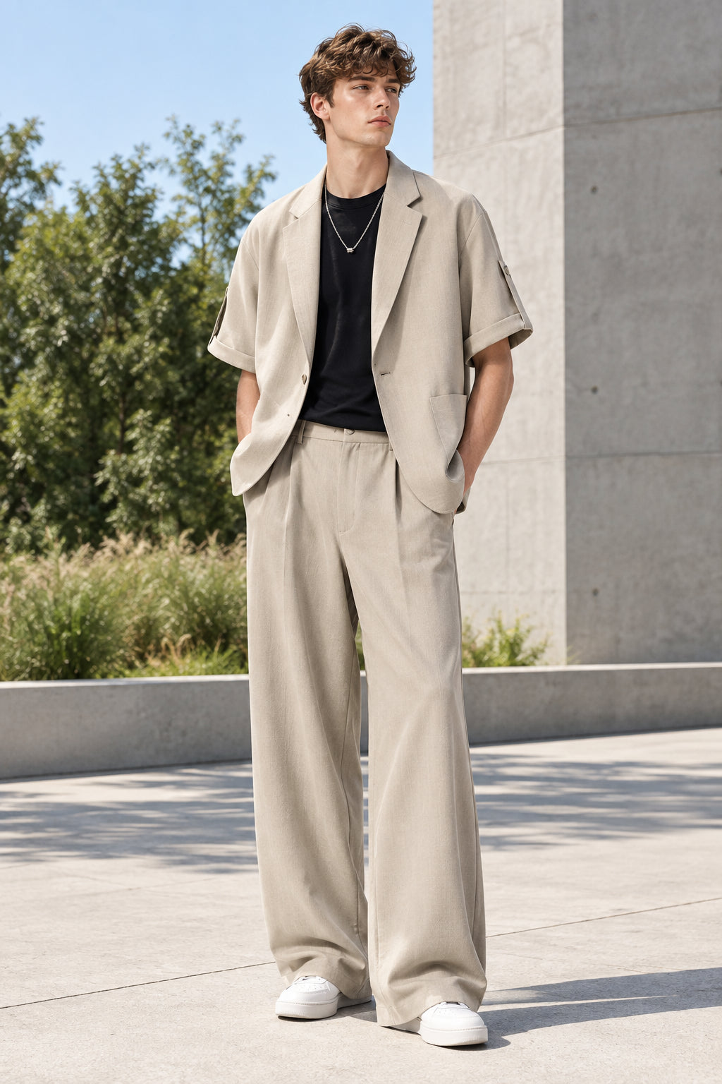 A men's two-piece casual outfit set featuring a light beige short-sleeve blazer layered over a black t-shirt,