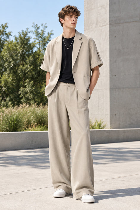 A men's two-piece casual outfit set featuring a light beige short-sleeve blazer layered over a black t-shirt,