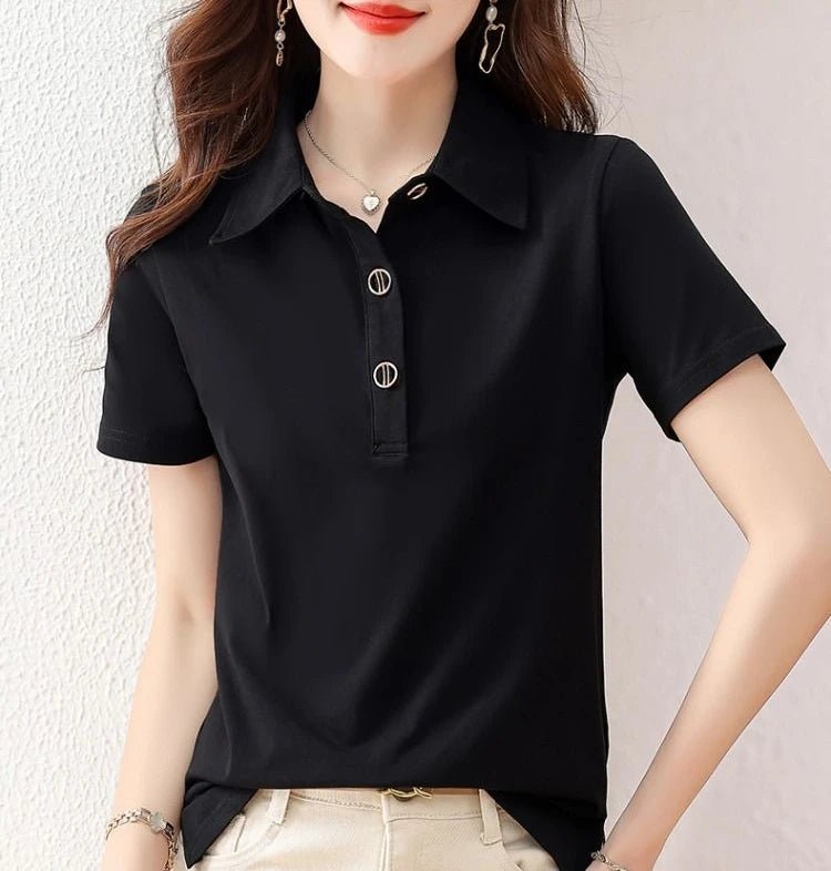 Button T-shirts Summer Outfit Black Women's Polo Short Sleeve Plain in Trend 2025 Korean Popular Clothes Original New Female Tee