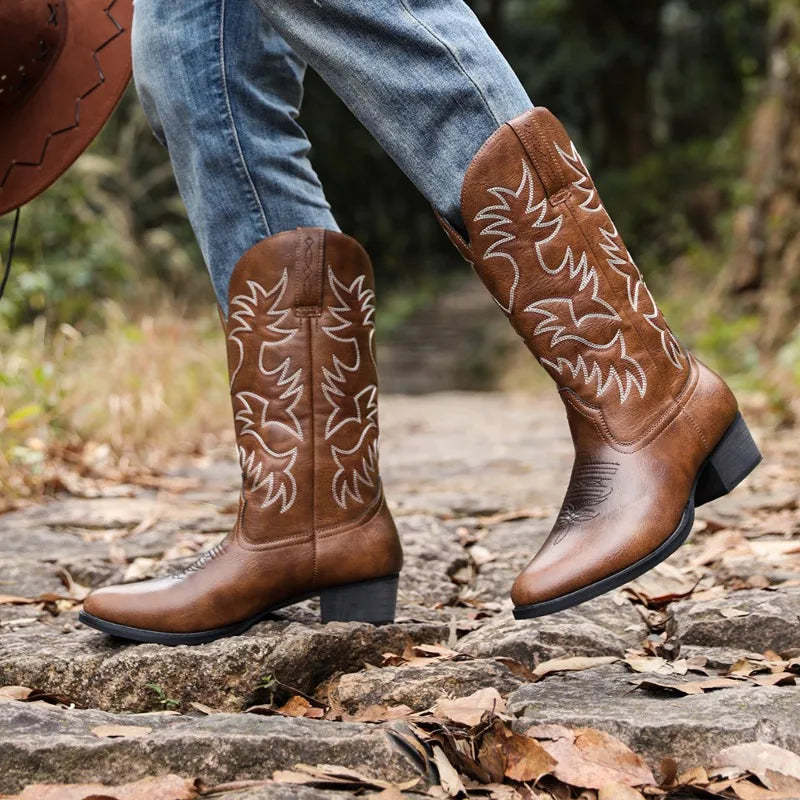 Embroidered Men Knee High Heel Leather Boots Retro European American Western Cowboy Boots Wedge Zip Casual Shoes Botas De Hombre