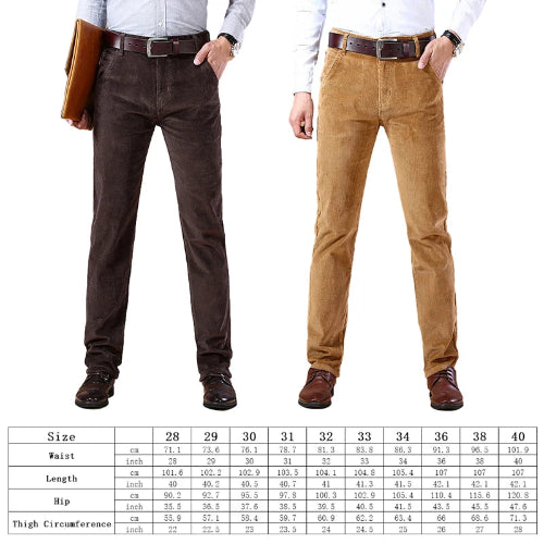 Two sets of men's pants displayed side by side with a size chart below.