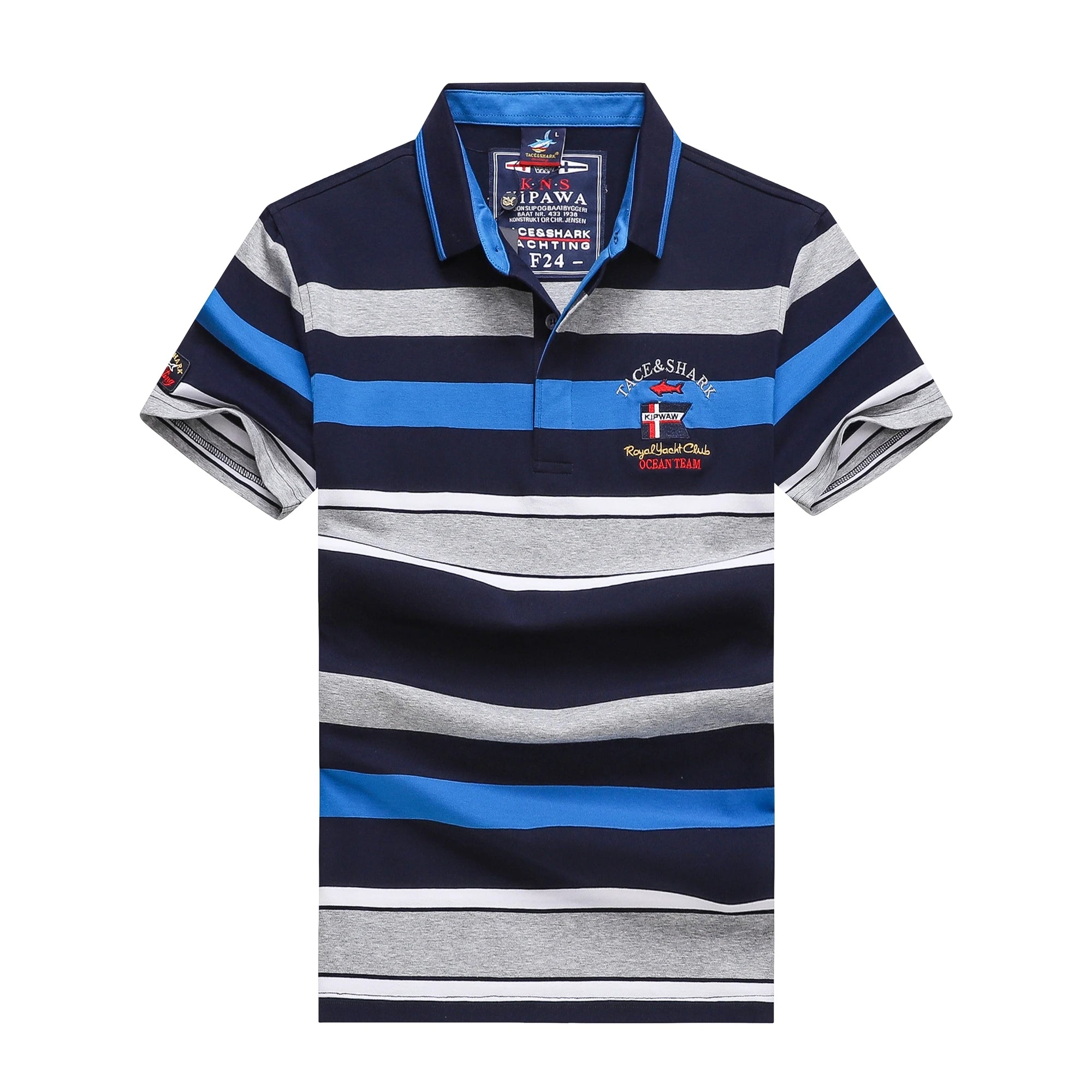 A men's short-sleeve polo shirt with horizontal navy, light blue, gray, and white stripes. The shirt features a navy and light blue collar, a 'P.