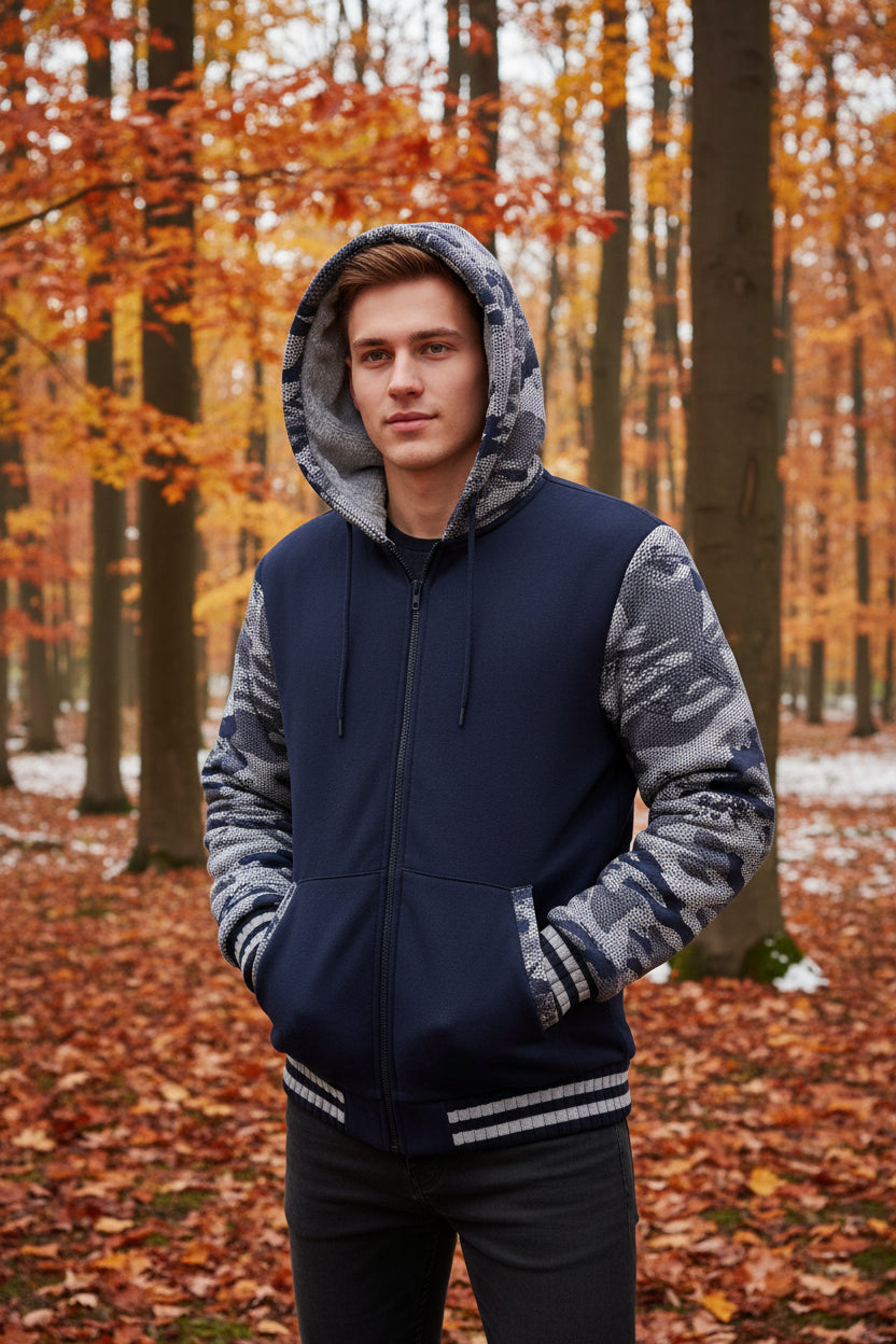 Camouflage hoodie with fleece lining on a white background