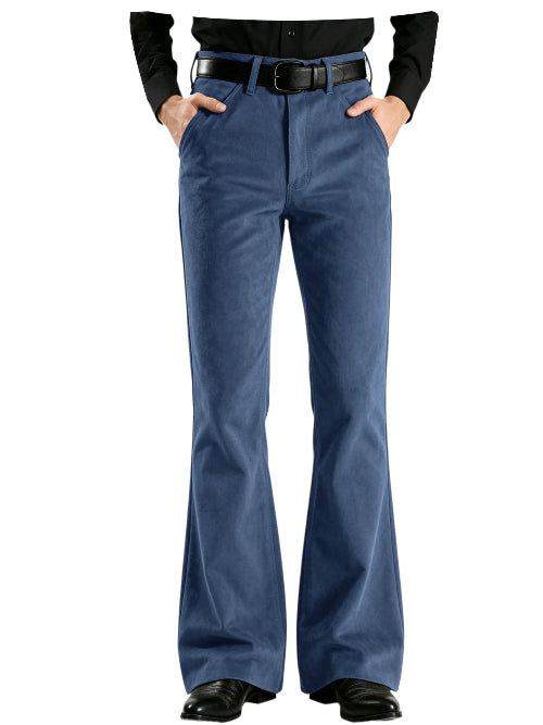 A person wearing blue flared pants with a black belt and black shoes, shown from the waist down against a plain white background.