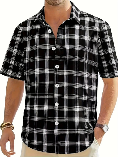 Black and white checkered shirt worn by a person on a white background