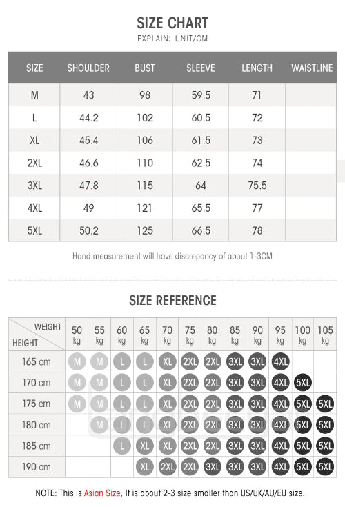 Size chart for clothing with measurements in centimeters and weight-height reference chart.