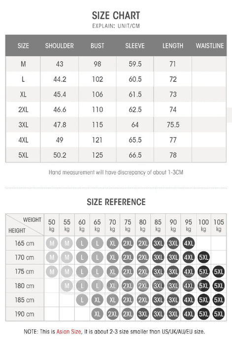 Size chart for clothing with measurements in centimeters and weight-height reference chart.