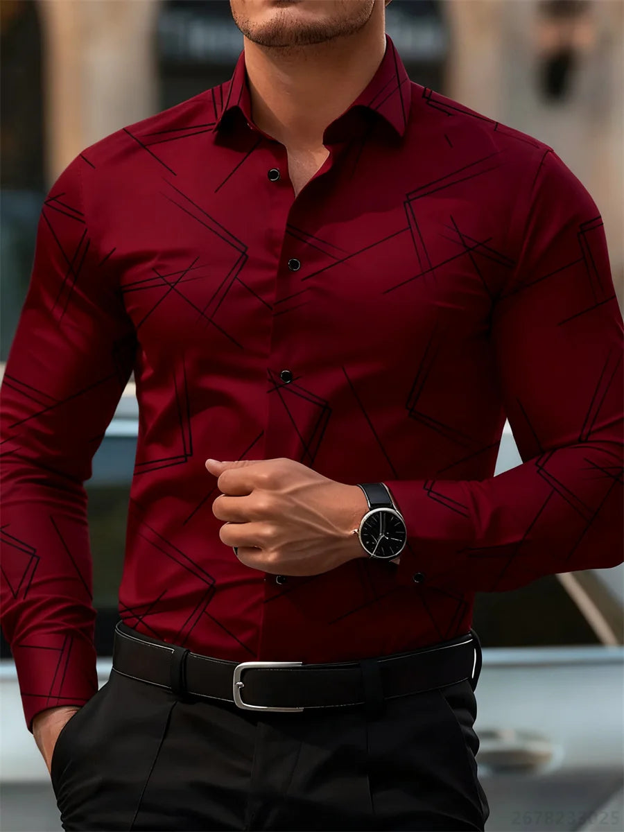 Men's Slim Fit Long-Sleeved Geometric Line Print Shirt - Non-Iron