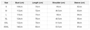 Table displaying clothing measurements for different sizes with columns for Bust, Length, Shoulder, and Sleeve.