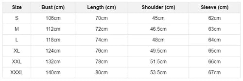 Table displaying clothing measurements for different sizes with columns for Bust, Length, Shoulder, and Sleeve.