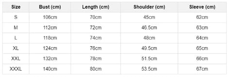 Table displaying clothing measurements for different sizes with columns for Bust, Length, Shoulder, and Sleeve.