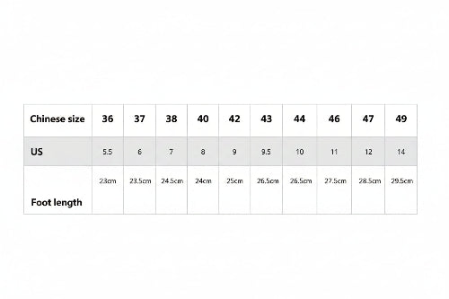 Table showing shoe size conversions with foot length measurements.