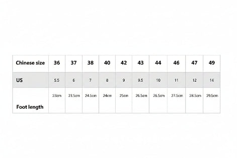 Table showing shoe size conversions with foot length measurements.