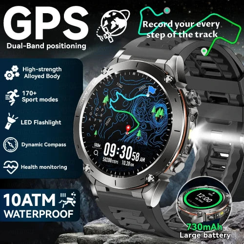 Smartwatch with GPS and outdoor features on a dark background