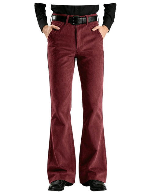 A pair of high-waisted, flared trousers in a deep burgundy corduroy fabric, styled with a black belt and black shoes, shown on a model against a white background.