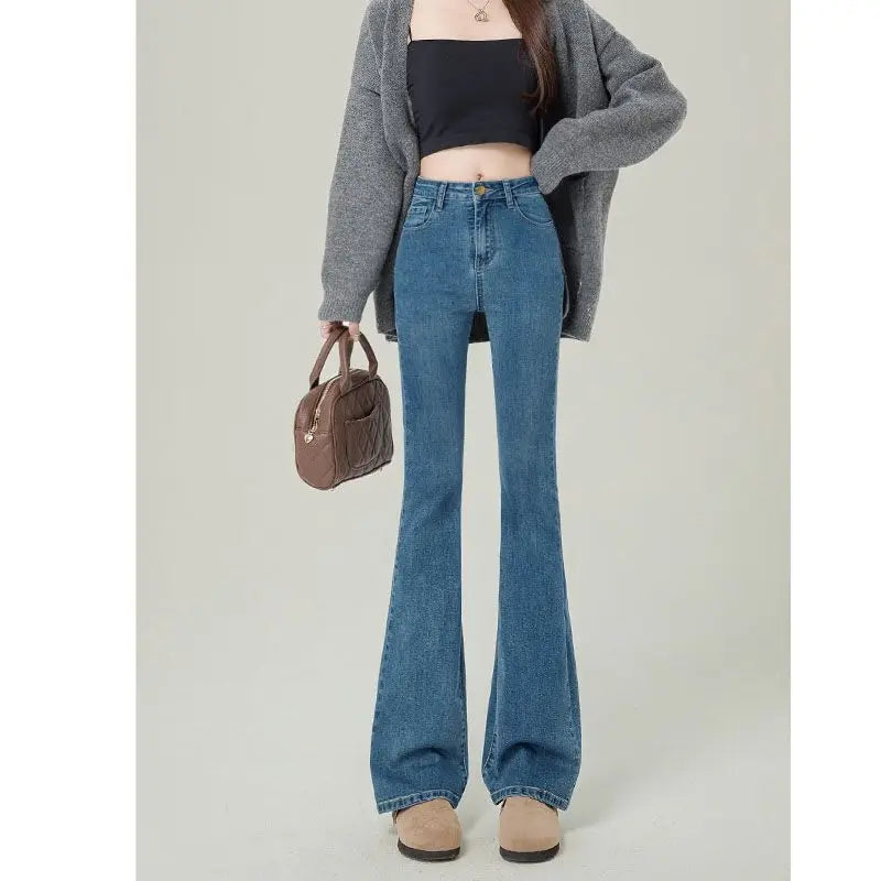 Versatile high-waisted flared jeans for women2024New slim-fit horsehair pants with a niche fashion sense in vintage blue