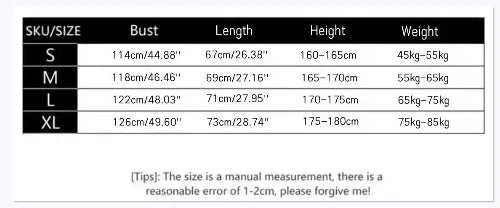 Size chart with measurements for bust, length, height, and weight in centimeters and kilograms.