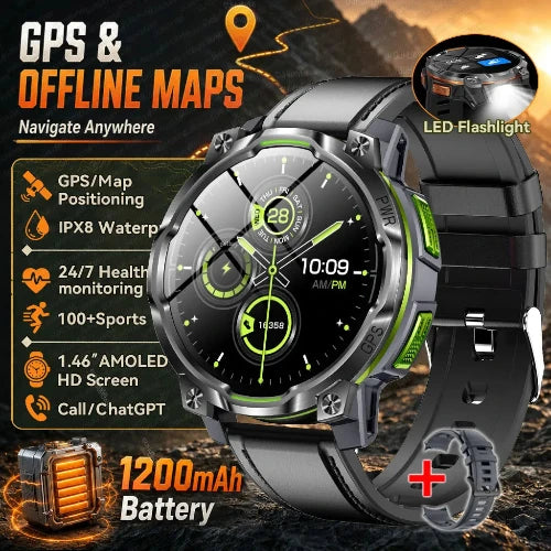 A rugged smartwatch with a black and green design, shown with promotional text and feature callouts including GPS & offline maps, LED flashlight, IPX8 