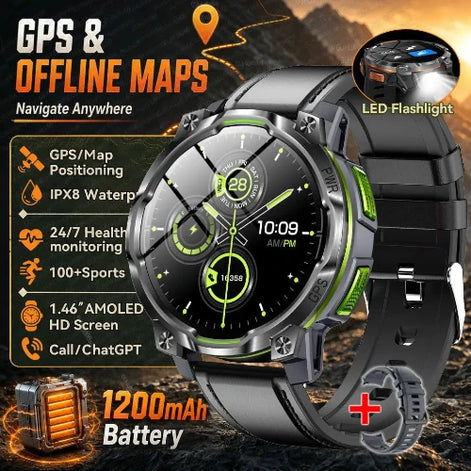 A rugged smartwatch with a black and green design, shown with promotional text and feature callouts including GPS & offline maps, LED flashlight, IPX8 