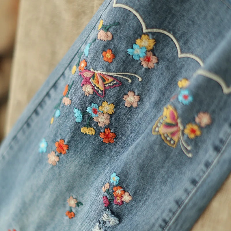 Spring Summer Ethnic Style Vintage Floral Embroidery Denim Wide Leg Pants Women High Elastic Waist Hole Casual Straight Jeans