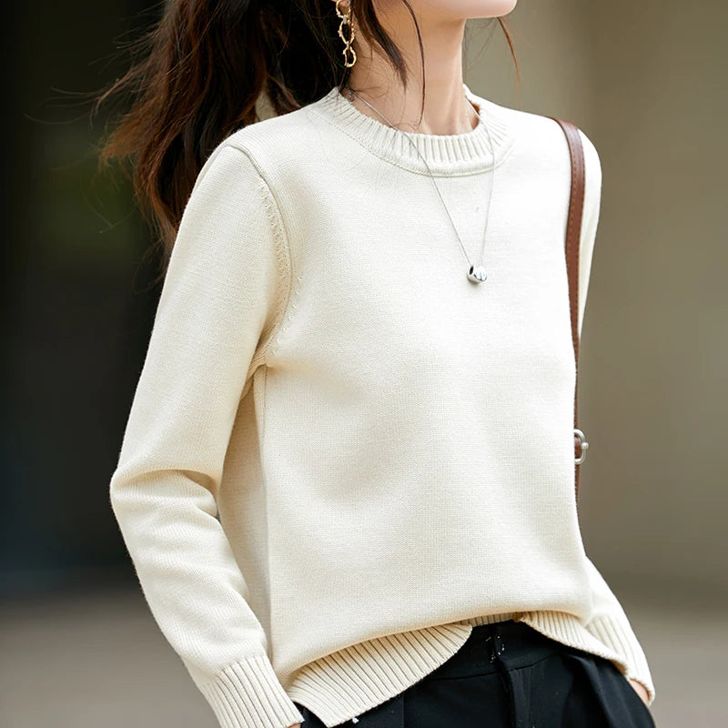 Women's autumn and winter 100% pure cotton knitted round neck soft pullover casual solid color warm sweater fashionable hot sell
