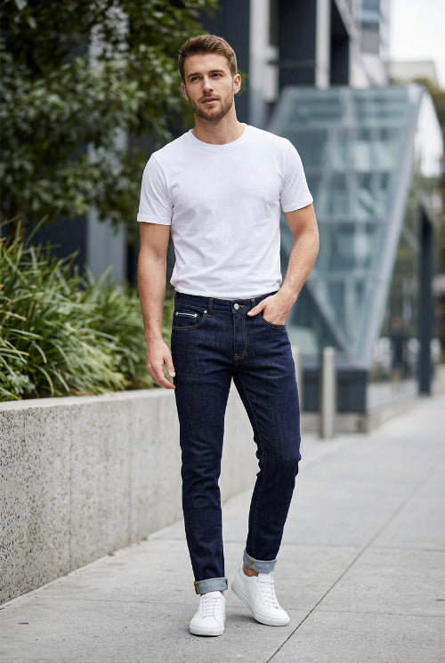 Dark blue slim-fit jeans hanging on a wooden hanger, with a white t-shirt partially visible behind them against a dark gray wall.
