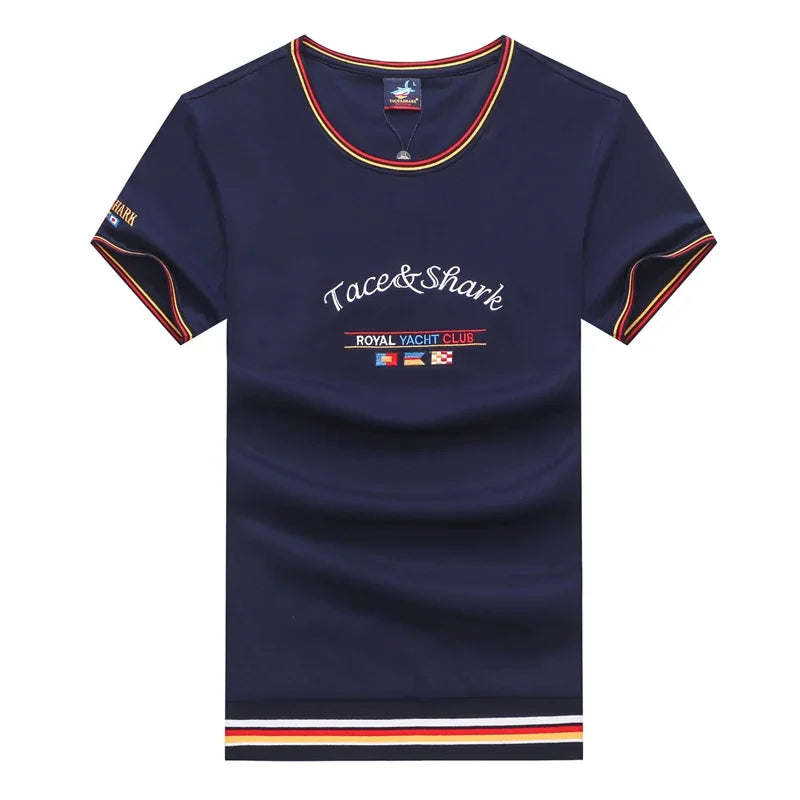 TACE&SHARK Summer Military T-shirts Fashion Embroidery Casual Cotton White Camiseta Tops Tees Shark Short Sleeve T Shirt Men