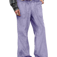 A person wearing loose, wide-leg lavender corduroy pants with a brown belt, a patterned shirt, and brown shoes, shown against a plain white background.