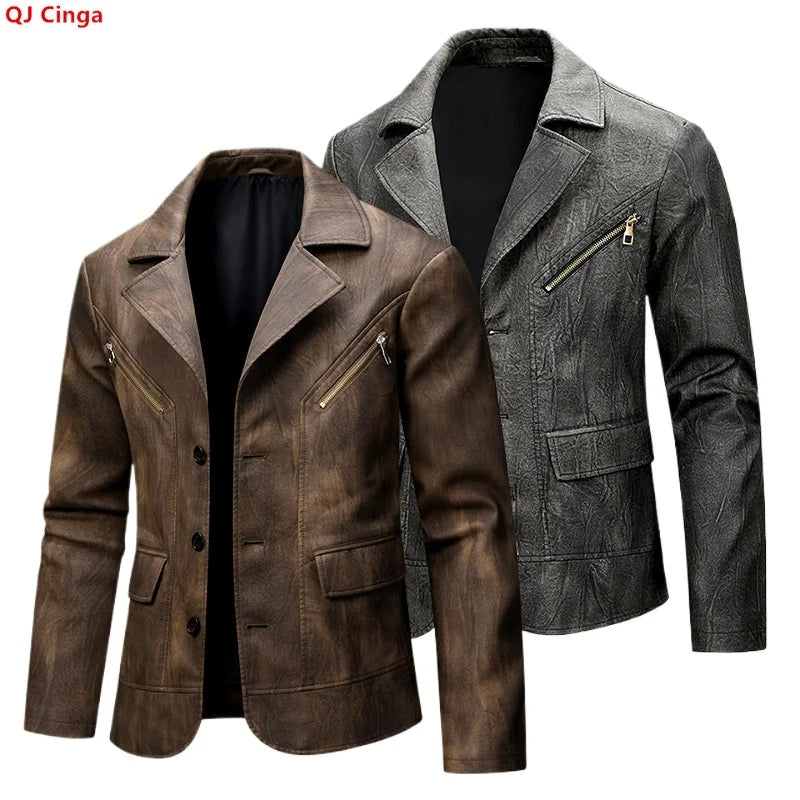 Men's Brown PU Jackets with Lapels for Fall and Winter, Dark Gray Faux Leather Coats for Spring, European Sizes S–XXXL.