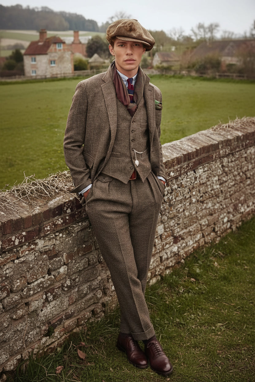 Man in a tweed suit and cap standing outdoors with a village background