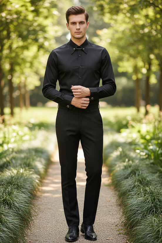 Black dress shirt with decorative buttons on a white background