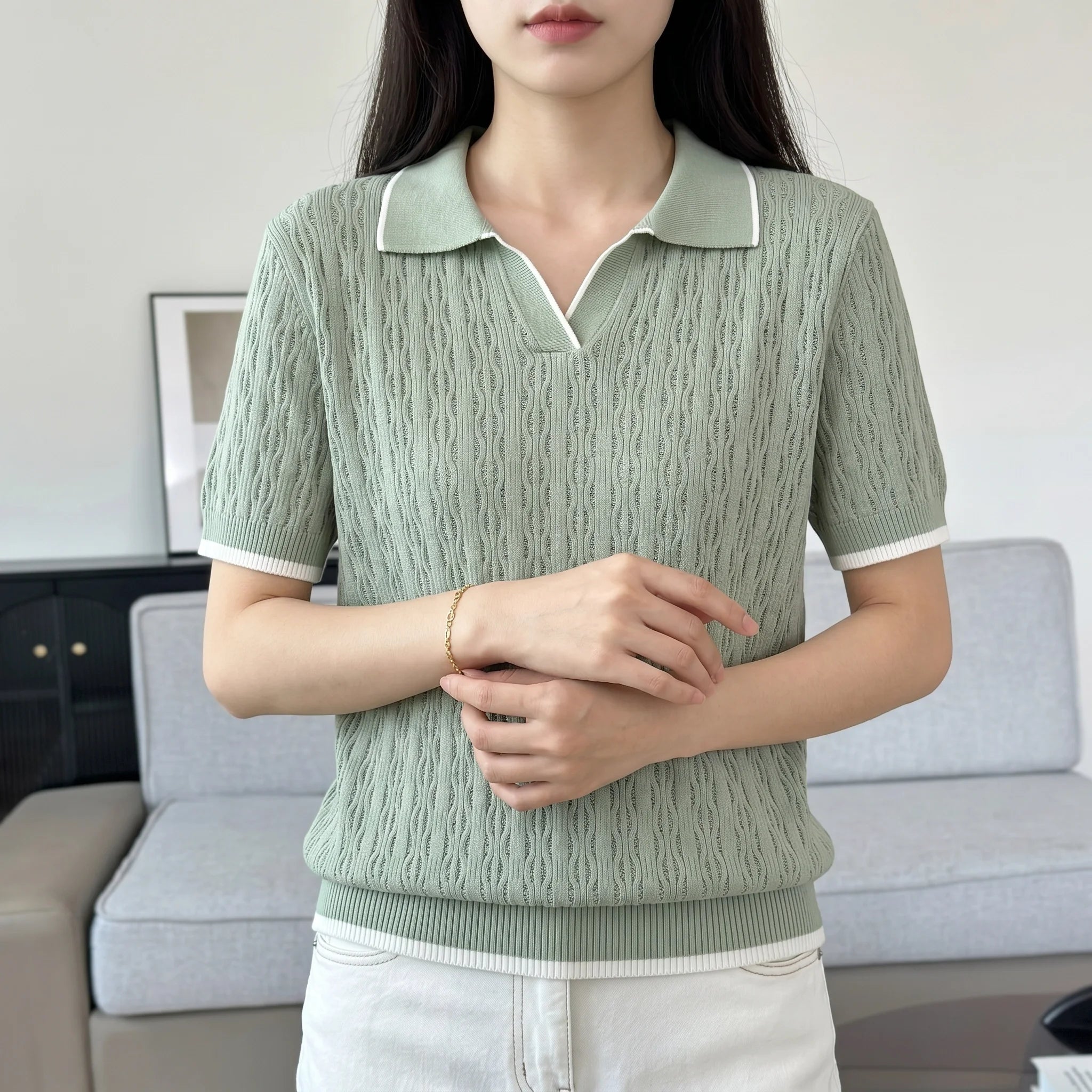 WinvyNee Spring Summer Women Cotton Polo V Collar Sweater Knitted Top Green Solid Short Sleeve Casual Pullover T-Shirt ZA1002042