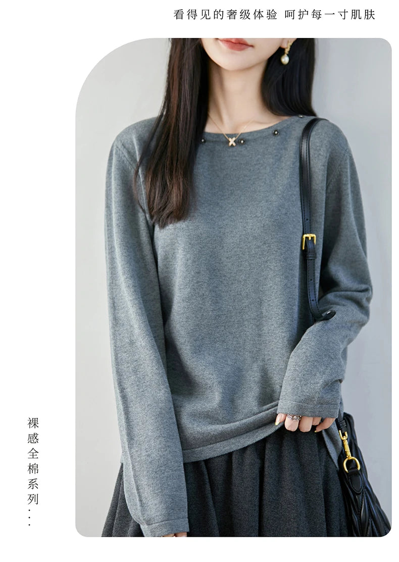 High end fashion 100% pure cotton women's sweater casual knitted round neck pullover autumn and winter solid color women's top