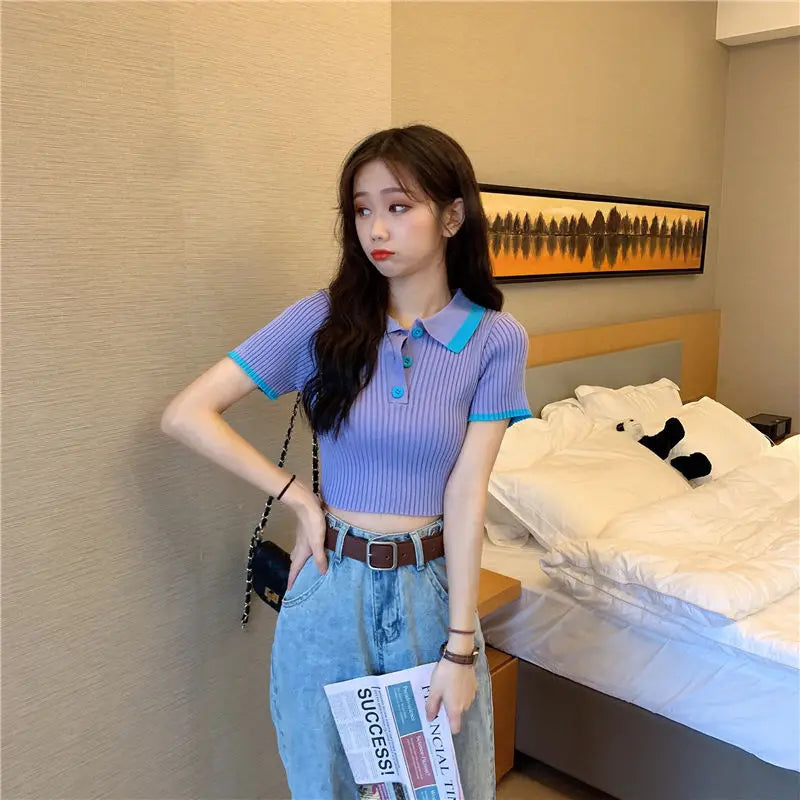 Women's Polo Shirts Sexy Crop Top Button Female Tee Knitted Slim with T-shirts Collar Korean Clothing Pulovers Trend 2025 Summer